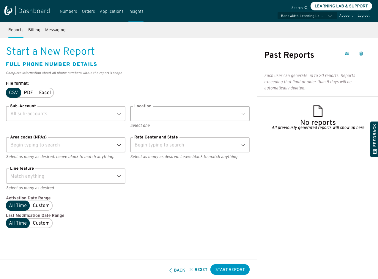 Start a New Report page