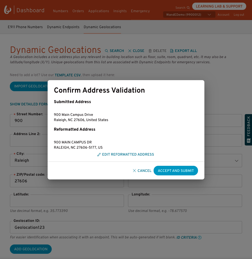 Address validation confirmation message