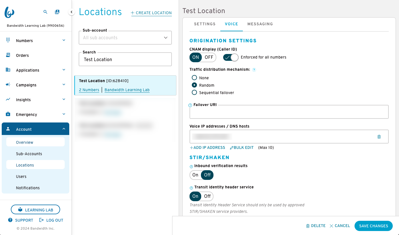 STIR/SHAKEN settings section on the Location page