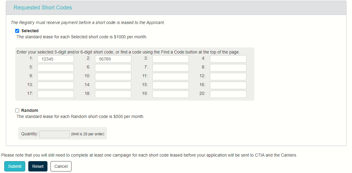 Requested Selected Short Codes section