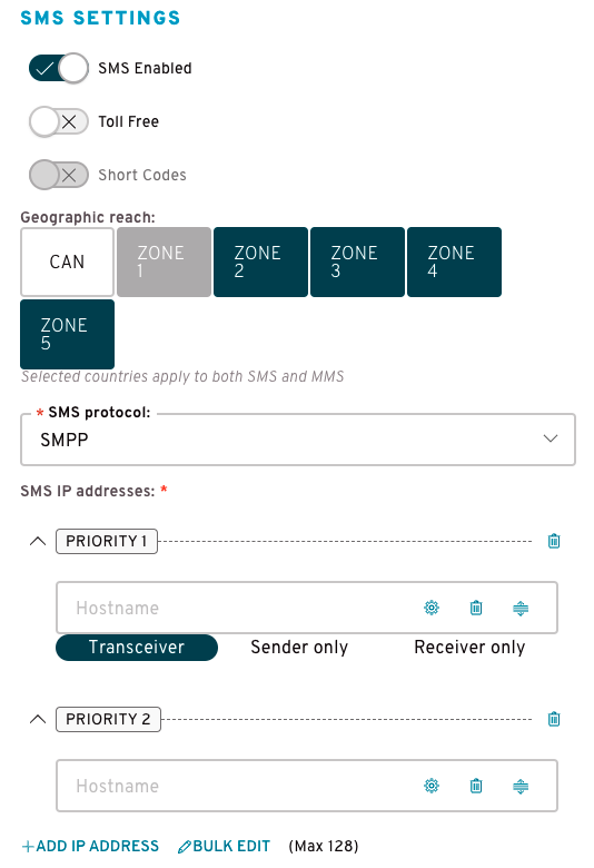 SMS Settings options