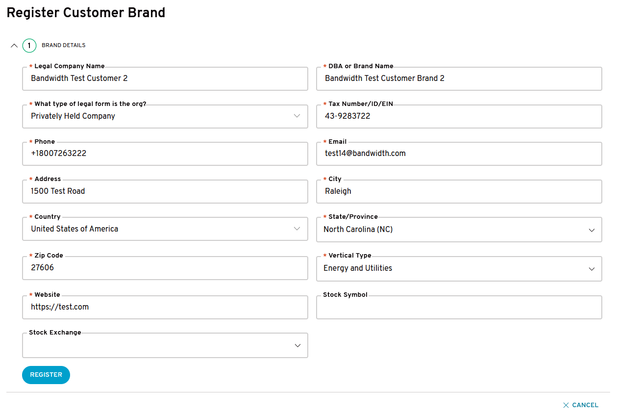 Register Customer Brand form