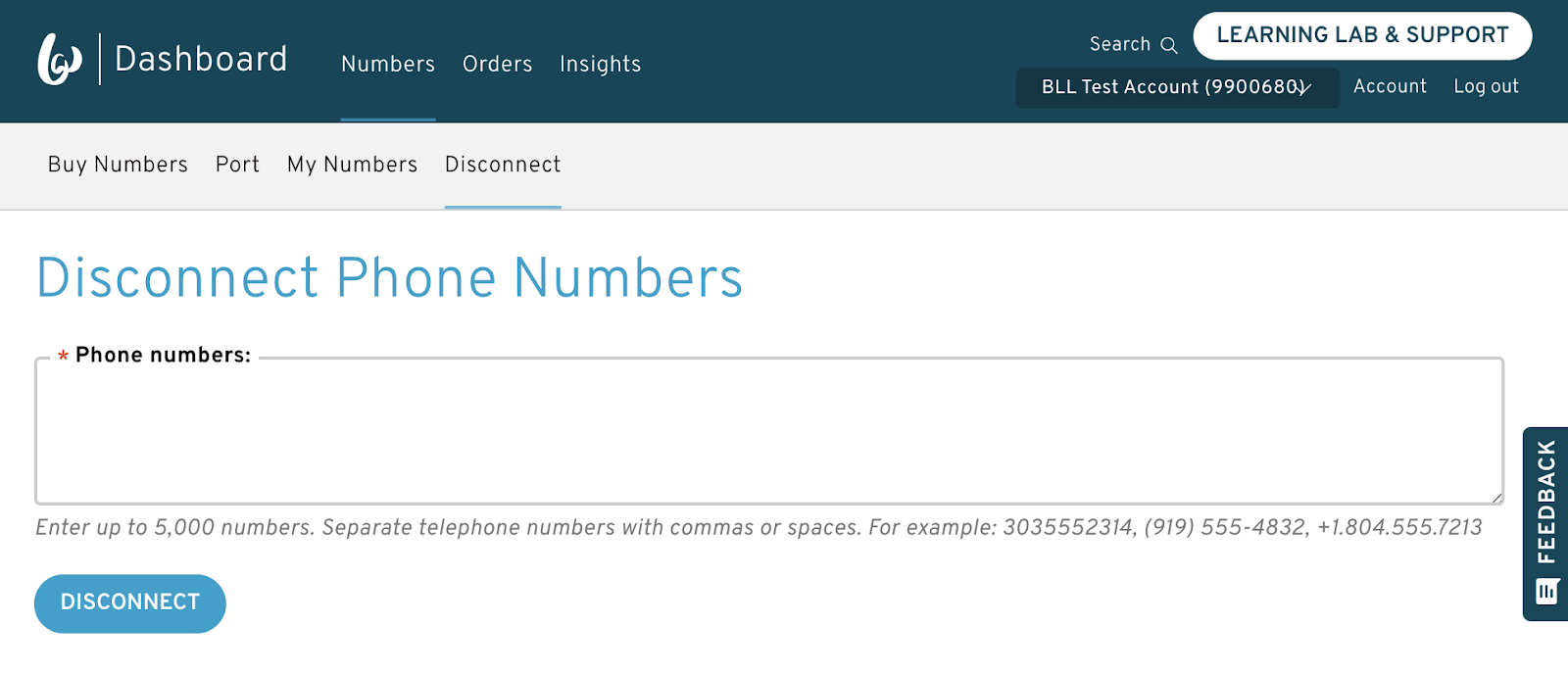 Disconnect Phone Numbers page