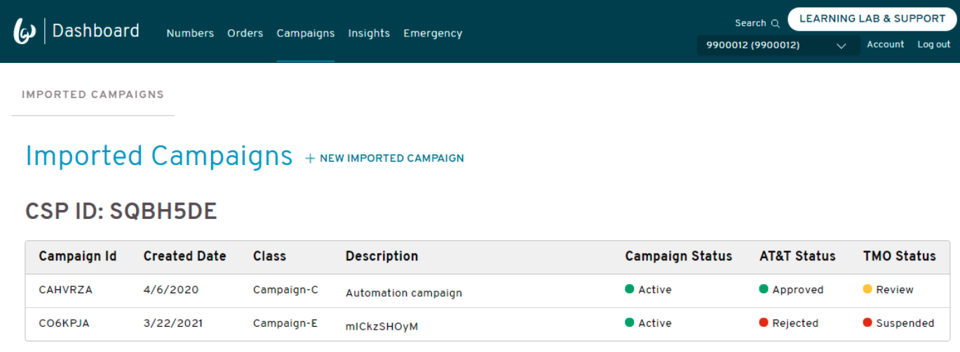 Imported Campaigns tab