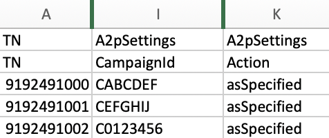 Example of how to fill out a CSV to bulk assign a campaign to multiple TNs