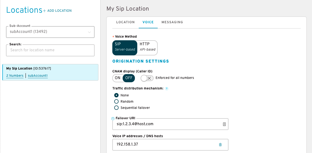 Failover URI settings on My SIP Location page