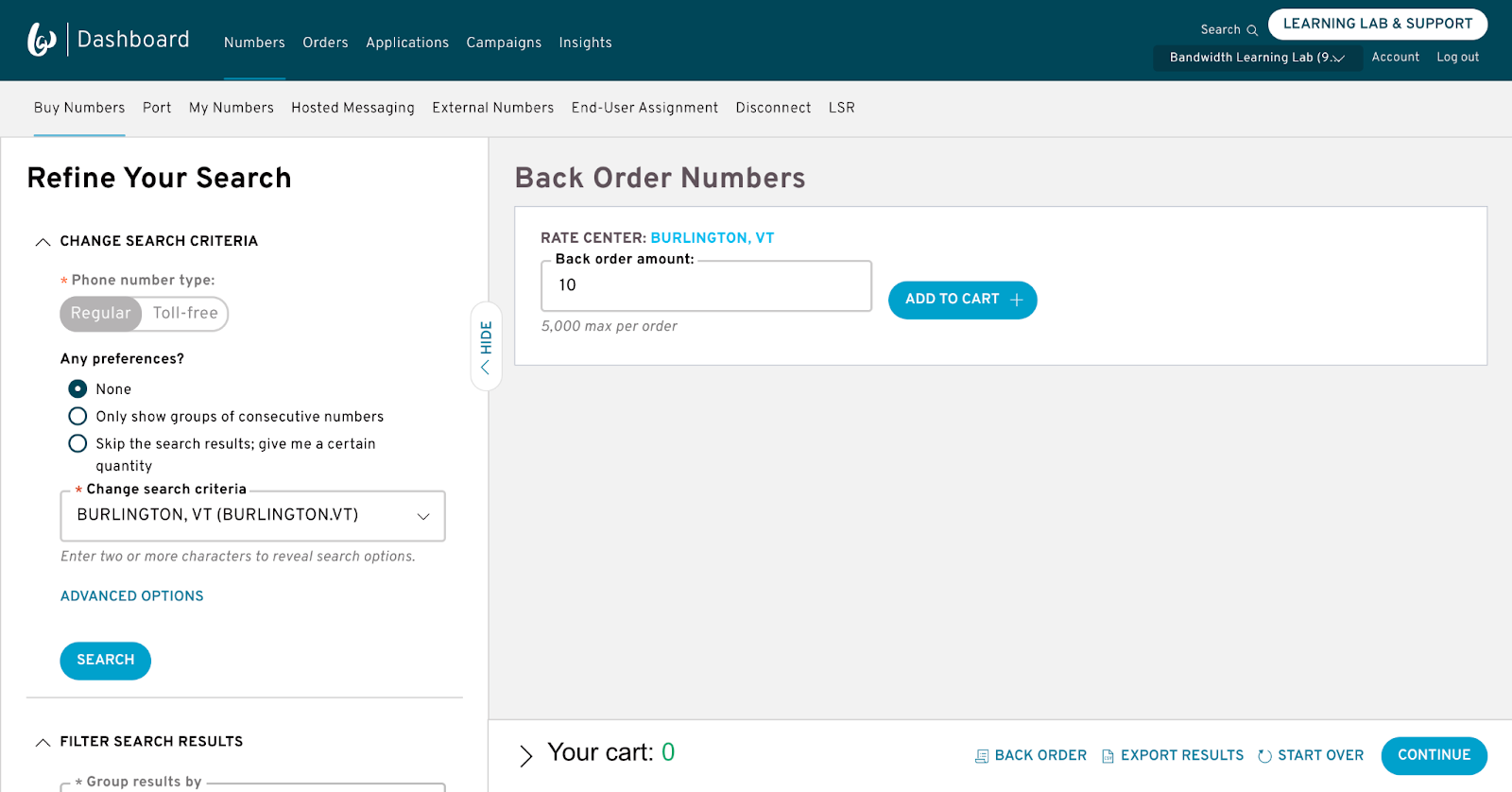 Back Order Numbers page